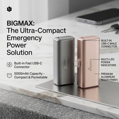 BIGMAX 5000mAh Mini Power Bank with Built-in Fast USB-C Connector
