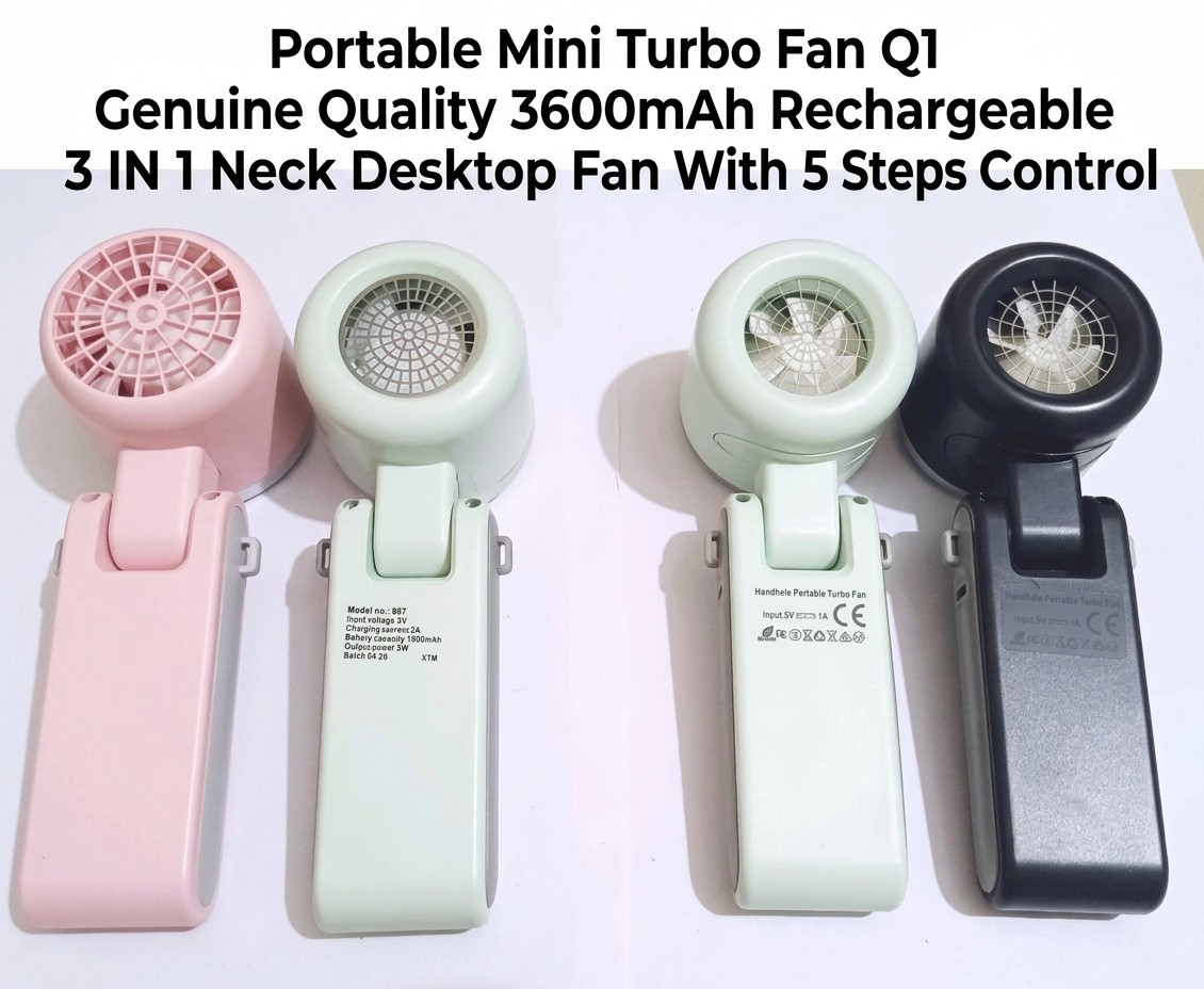Portable Mini Turbo Fan Q1 Genuine Quality 3600mAh Rechargeable 3 IN 1 Neck Desktop Fan With 5 Steps Control