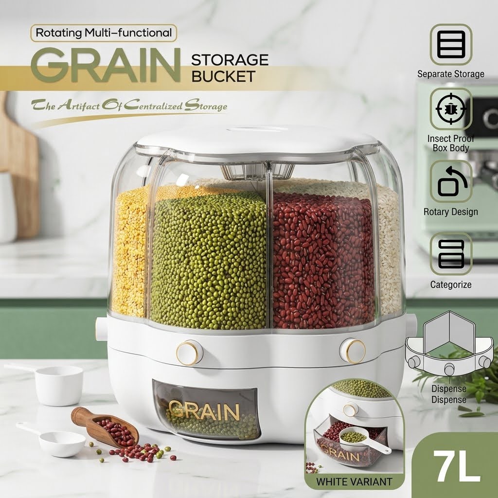 Premium 7L Rotating Grain Container 6-Compartment Dry Food Dispenser for Rice & Pulses
