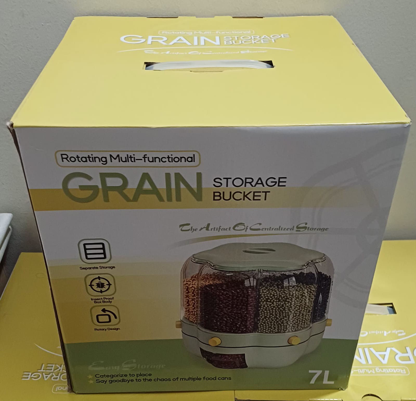 Premium 7L Rotating Grain Container 6-Compartment Dry Food Dispenser for Rice & Pulses
