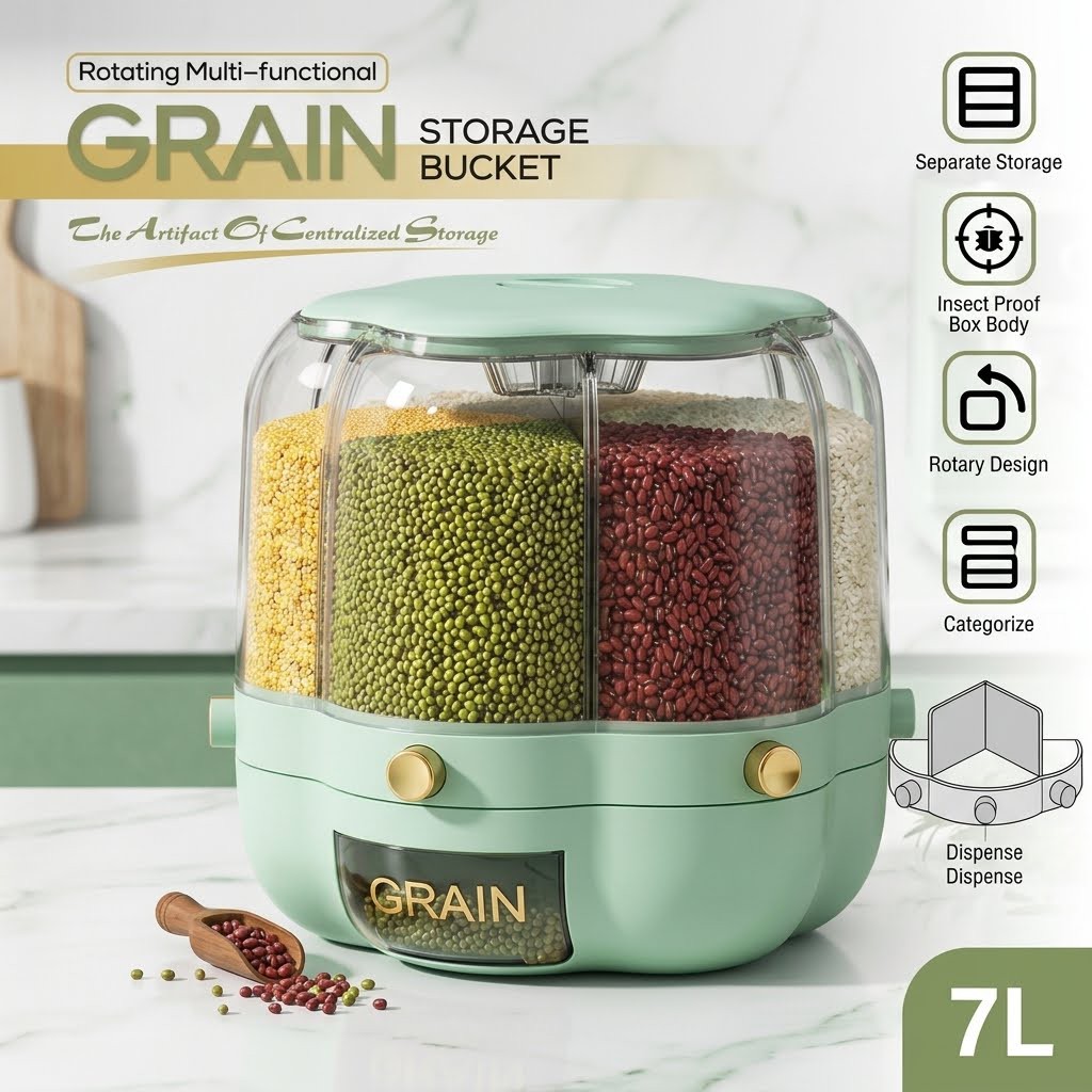 Premium 7L Rotating Grain Container 6-Compartment Dry Food Dispenser for Rice & Pulses