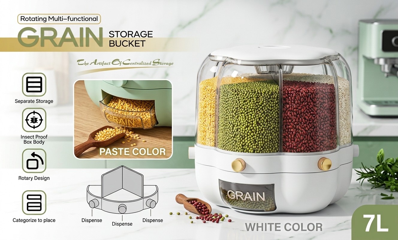 Premium 7L Rotating Grain Container 6-Compartment Dry Food Dispenser for Rice & Pulses