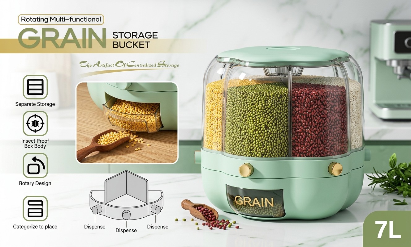 Premium 7L Rotating Grain Container 6-Compartment Dry Food Dispenser for Rice & Pulses