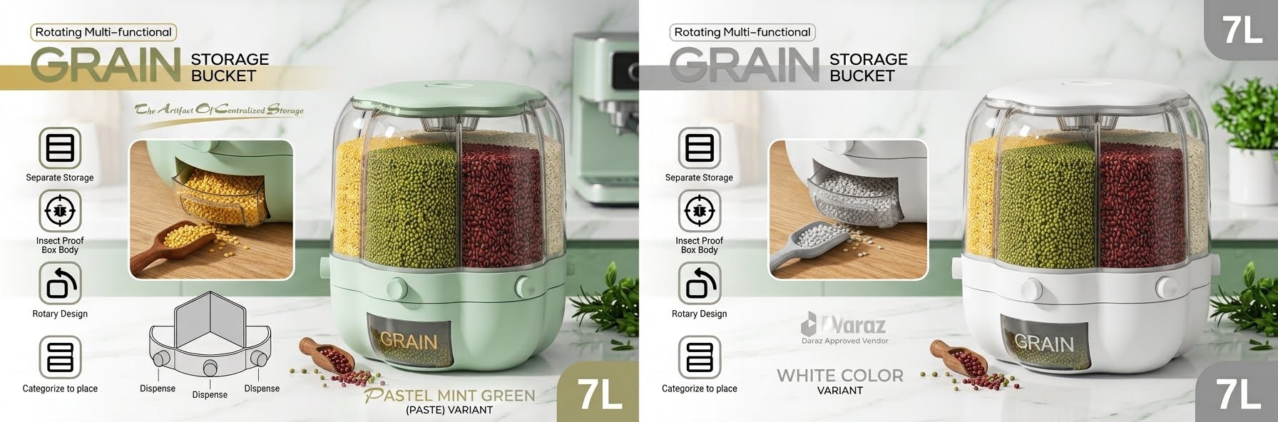 Premium 7L Rotating Grain Container 6-Compartment Dry Food Dispenser for Rice & Pulses