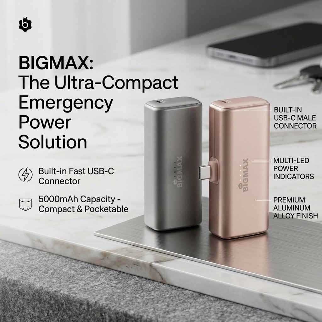 BIGMAX 5000mAh Mini Power Bank with Built-in Fast USB-C Connector
