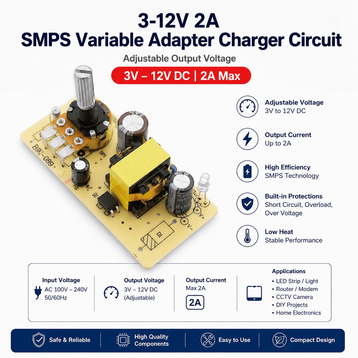 3V-12V 2A Variable SMPS Adapter Charger Circuit Board Module
